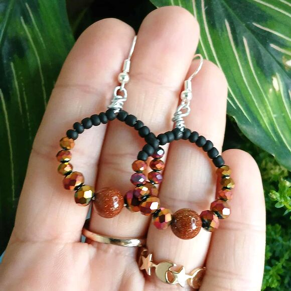 Boho Chic Goldstone Dangle Earrings, Statement Gemstone Jewelry, 2" - Picture 4 of 4